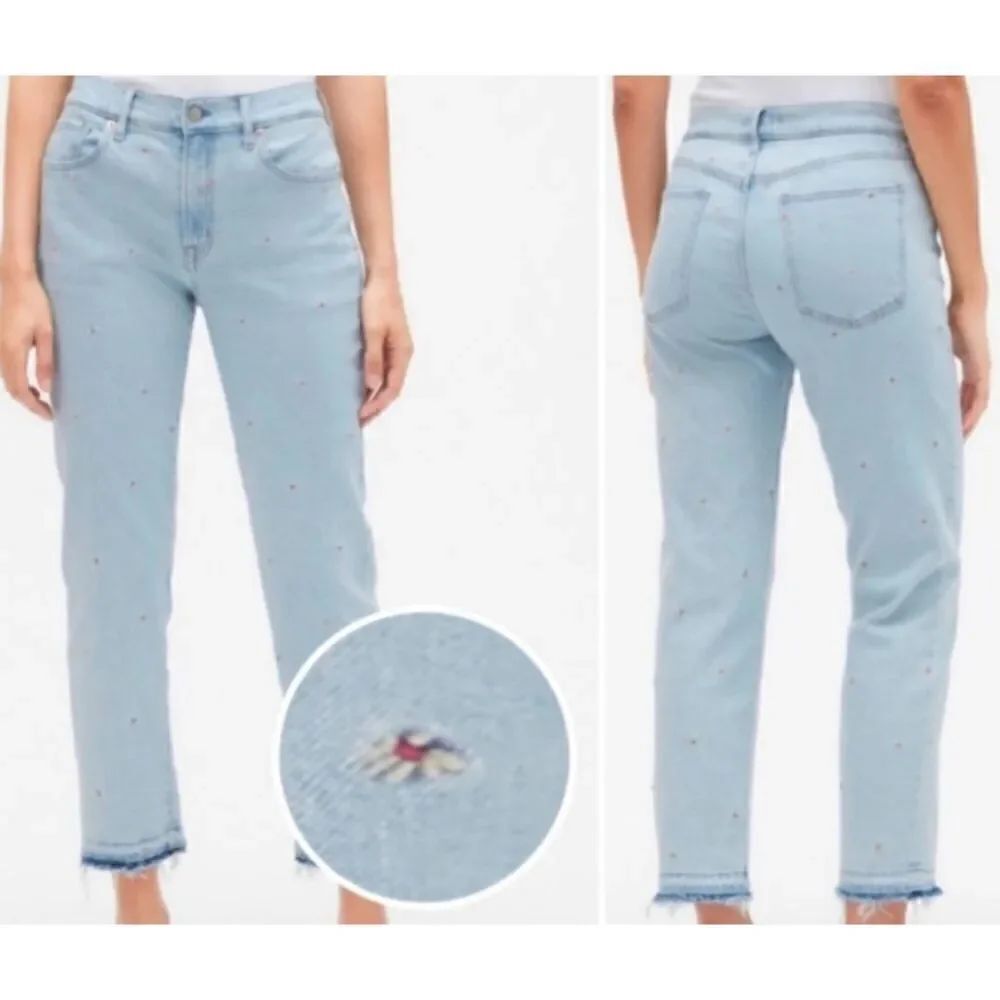 GAP Jeans Women's 14 Blue Light High Rise Girlfriend Raw Hem Embroidered Daisy